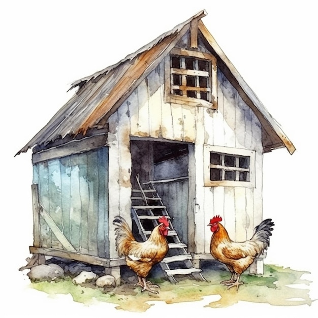 chickens are standing outside of a small wooden building with a ladder generative ai