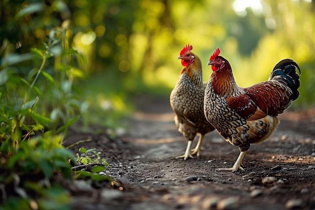 Chickens are walking along a path in the forest on a sunny day