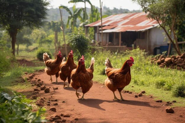 Chickens are walking on the dirt road in the farm