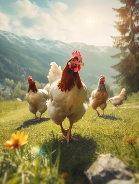 chickens are walking in a field with mountains in the background generative ai