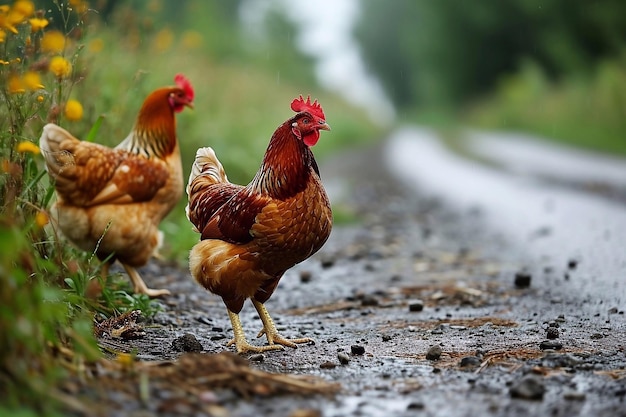 Chickens on a country road in the countryside