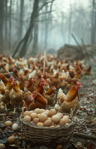 Chickens and eggs in basket