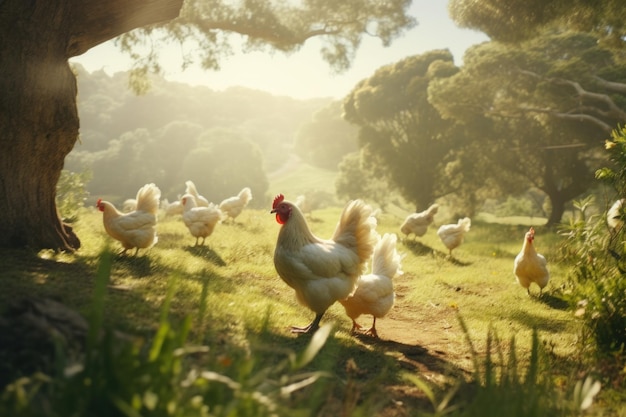 Chickens freely roam in lush Australian paddock