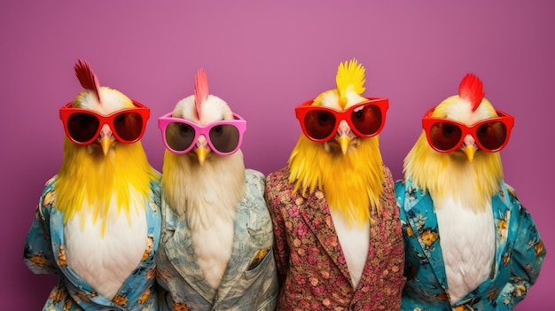 Photo chickens in a group vibrant bright fashionable outfits isolated on solid background advertisement ar 169 job id 19e76c2b951946bb94531ec5e0be85fe