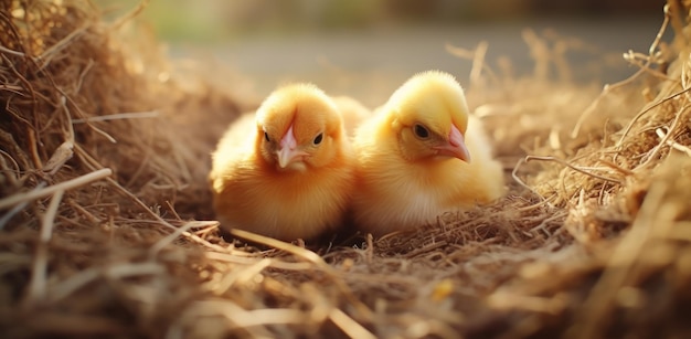 Photo chickens lay eggs in a straw nest