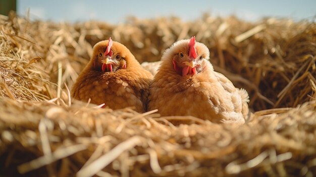 Chickens in a straw on a farm Selective focus