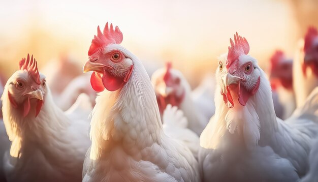 Chickens at sunset on a free range in an eco farm