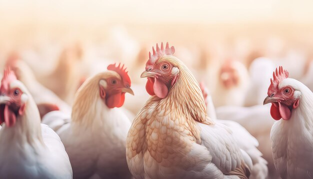 Chickens at sunset on a free range in an eco farm