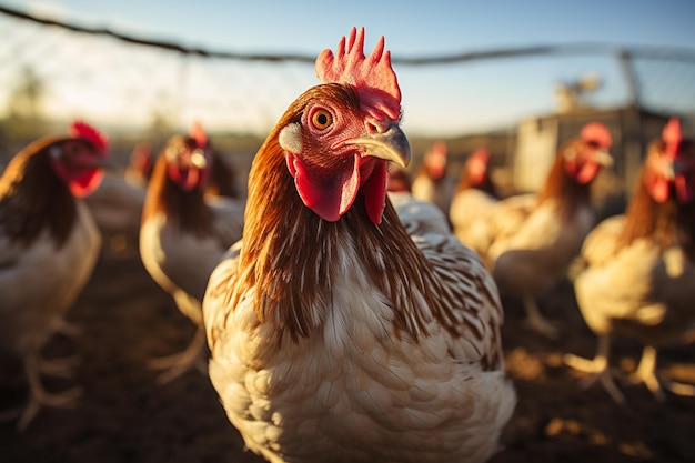 伝統的なフリーアレンジ家禽養殖場で飼育されているニワトリ (カントリー)