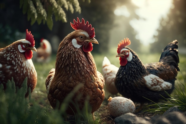 Chickens at a traditional freerange poultry farm a flock of chickens grazing on the grass AI Generation