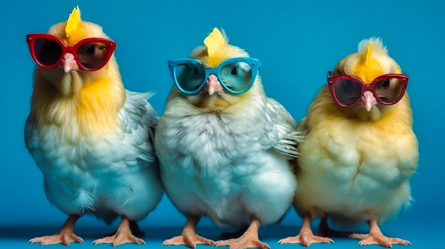 Chickens wearing sunglasses with baby expression