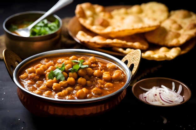 Chickpea curry in een schaal met naanbrood