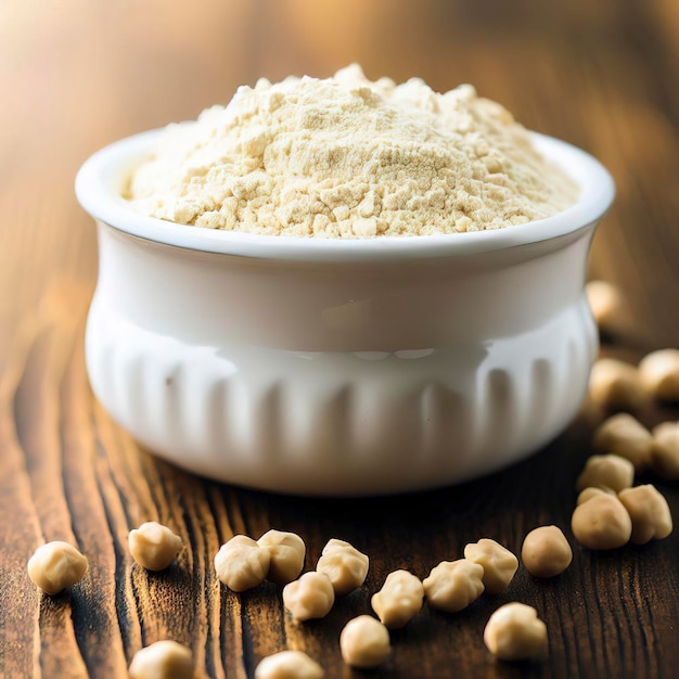 Chickpea flour in white ceramic bowl on wooden table with copy space