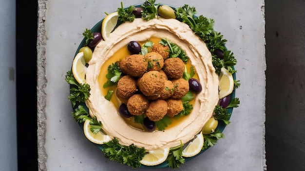 Foto chickpea gerechten falafel en hummus op een beton oppervlak top view kopie ruimte