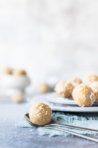 Chickpea and peanut butter candies Energy balls Healthy raw dessert without sugar Vegan truffles