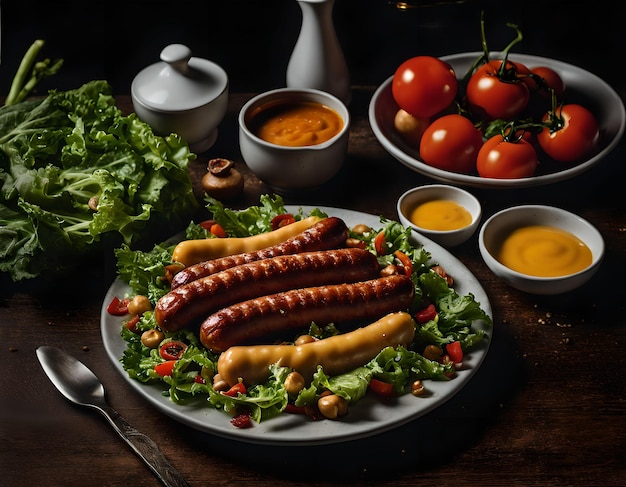 Chickpea salad and fried sausages on a dark background