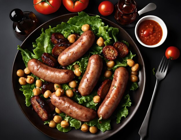 Chickpea salad and fried sausages on a dark background