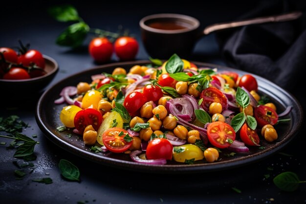 Chickpea salad with cucumber spinach parsley onions and lemon in a plate