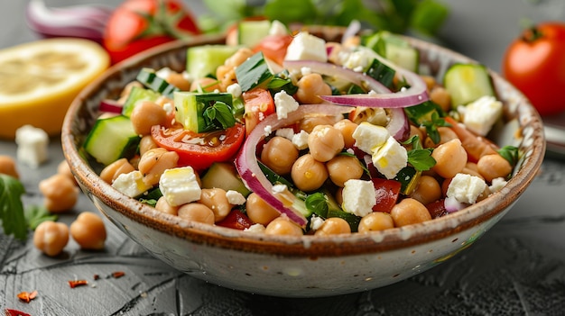 Photo chickpea salad with cucumbers tomatoes red onion feta cheese and lemon vinaigrette energy breakfast