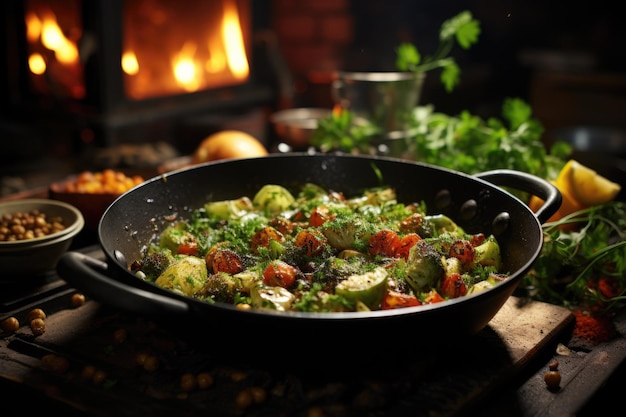 Chickpea salad with fresh vegetables in a metal bowl in a vintage kitchen generative IA