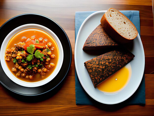 Chickpea soup with brown bread on a wooden table