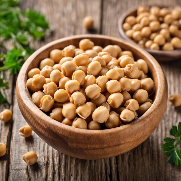 Photo chickpea in wooden bowl on wooden surface