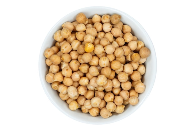 Chickpeas peas raw from above bowl isolated on white