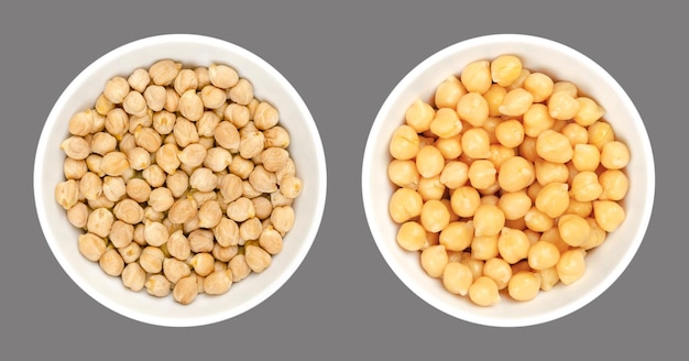 Chickpeas in white bowls over gray