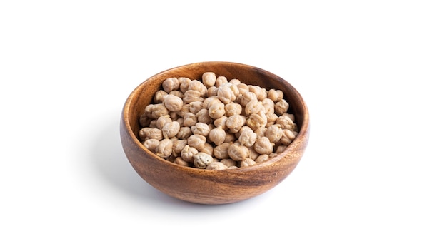 Chickpeas in wooden bowl isolated on a white background. High quality photo