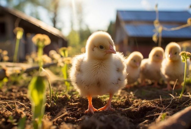 chicks on the farm in the morning