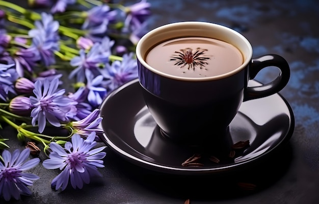 chicory flowers and herbs and coffee cup on grey snowy backgroun