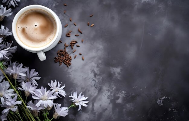 Photo chicory flowers and herbs and coffee cup on grey snowy backgroun