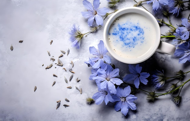 Photo chicory flowers and herbs and coffee cup on grey snowy backgroun