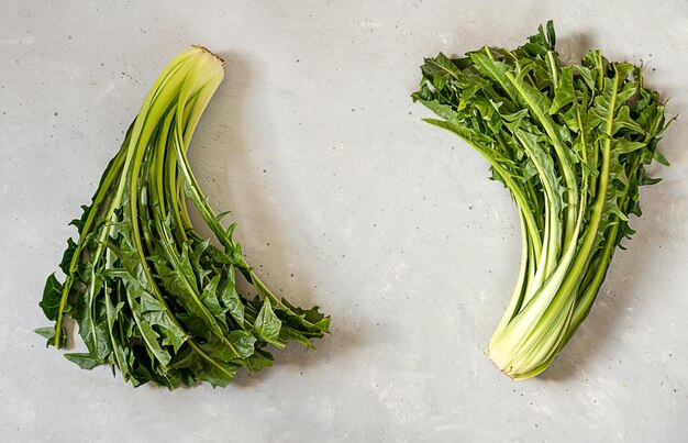 Chicory greens in colander on white wooden table Top view with copy space