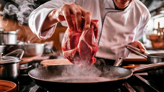 The chief cook holds pork meat under the fry pan in a kitchen