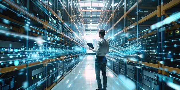 a chief data center technologist uses a laptop while standing in a warehouse