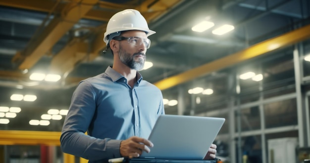 Chief engineer in the hard hat walks through light