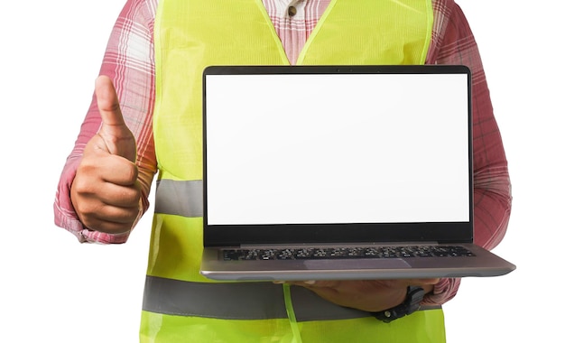 Photo chief engineer wearing a reflective tiger holding a laptop isolated on a white background