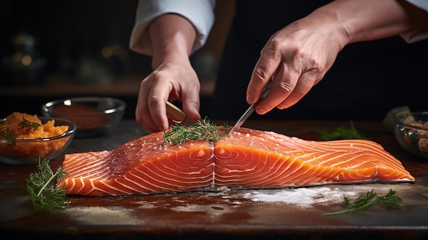 Foto le mani del capo cucinano un filetto di salmone di trota fresca con erbe su una tavola di legno in cucina