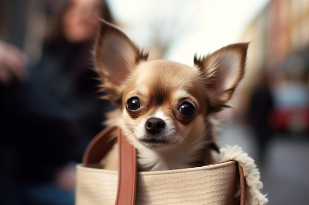 Foto un chihuahua in una borsa con una donna sullo sfondo