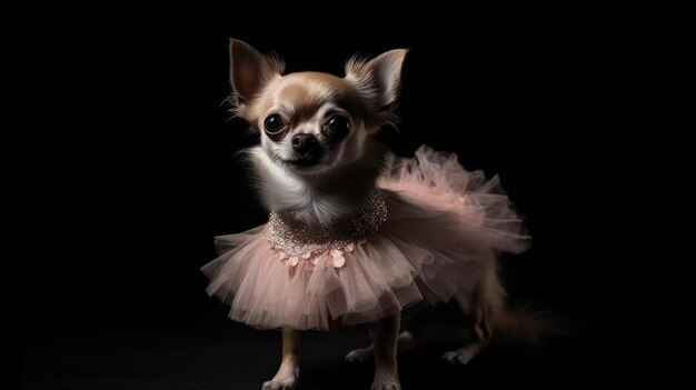 Chihuahua Dog In A Ballet Outfit Wearing On Black Background Generative AI