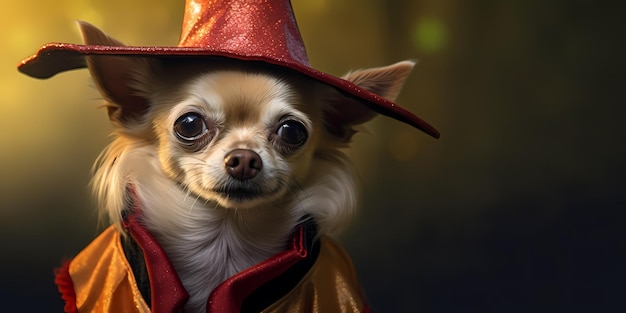 Chihuahua dog dressed as a witch with a hat copy space