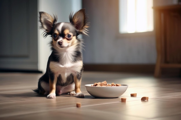 Chihuahua dog in front of a bowl of dry food Pet nutrition concept