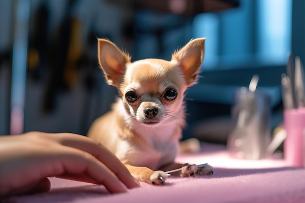 Chihuahua dog gets hair cut at pet spa grooming salon generated ai