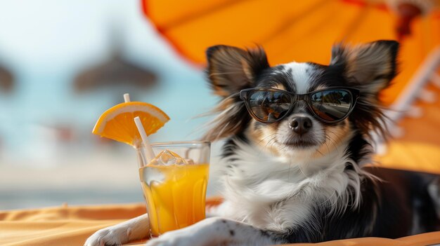 Foto cane chihuahua sdraiato su un lettino sulla spiaggia del mare tropicale durante le vacanze estive vestito di arancione