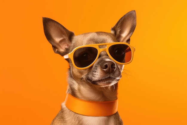 Chihuahua dog portrait wearing sunglasses on orange background