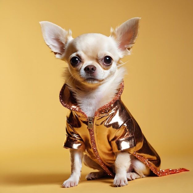 Chihuahua dog puppy in glam fashionable couture high end outfits isolated on bright background