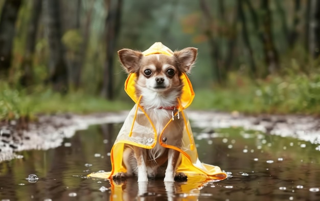 雨衣を着た池に座っているチワワ犬