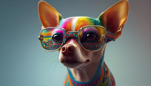 Chihuahua dog wearing sunglasses with colourful clothes