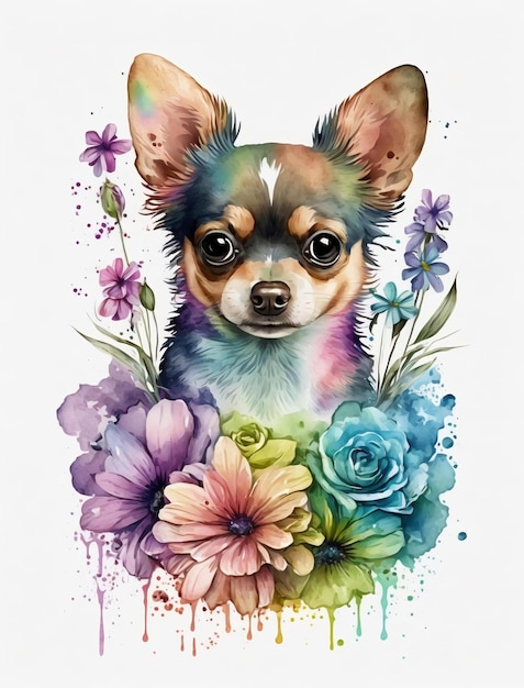 A chihuahua dog with flowers and leaves